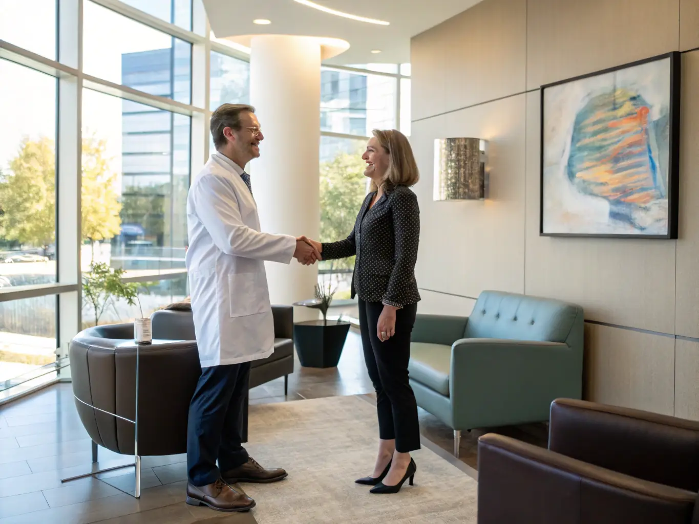 A dental practice owner shaking hands with a DentalBroker representative, symbolizing a successful practice sale agreement.