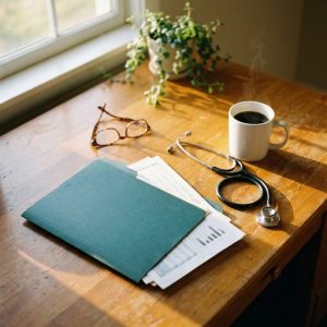 A veterinary practice valuation report in a teal folder on a wooden desk in morning light, beside a stethoscope, reading glasses and a mug of coffee.