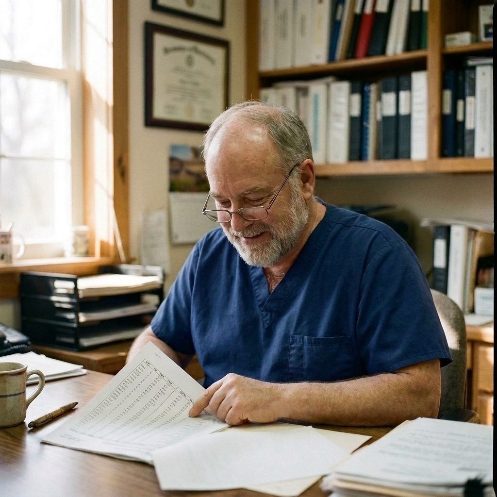 A veterinary practice owner in navy scrubs reading a printed report at his office desk in morning light, binders and diplomas on the shelves behind him.