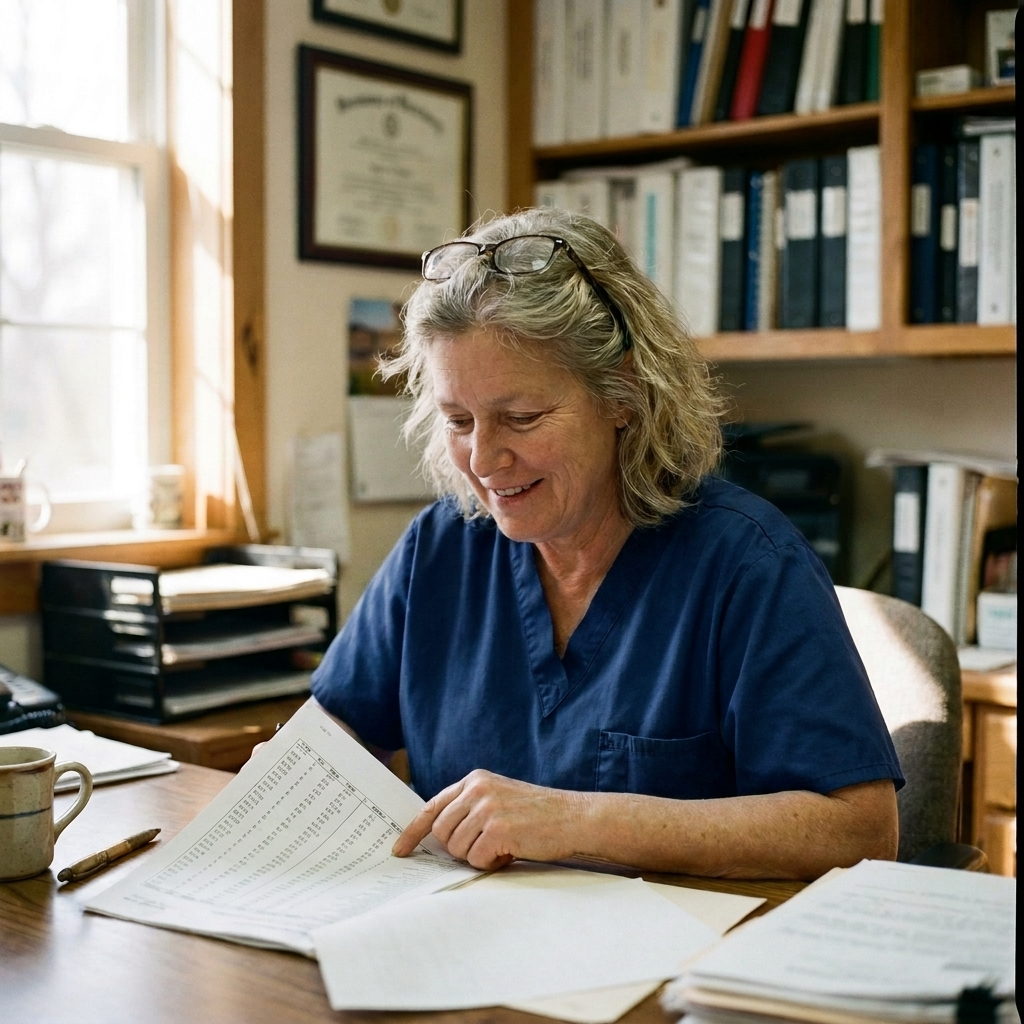 A veterinary practice owner reading a printed report at her office desk in morning light, reading glasses pushed up into her hair and binders lining the shelves behind her.