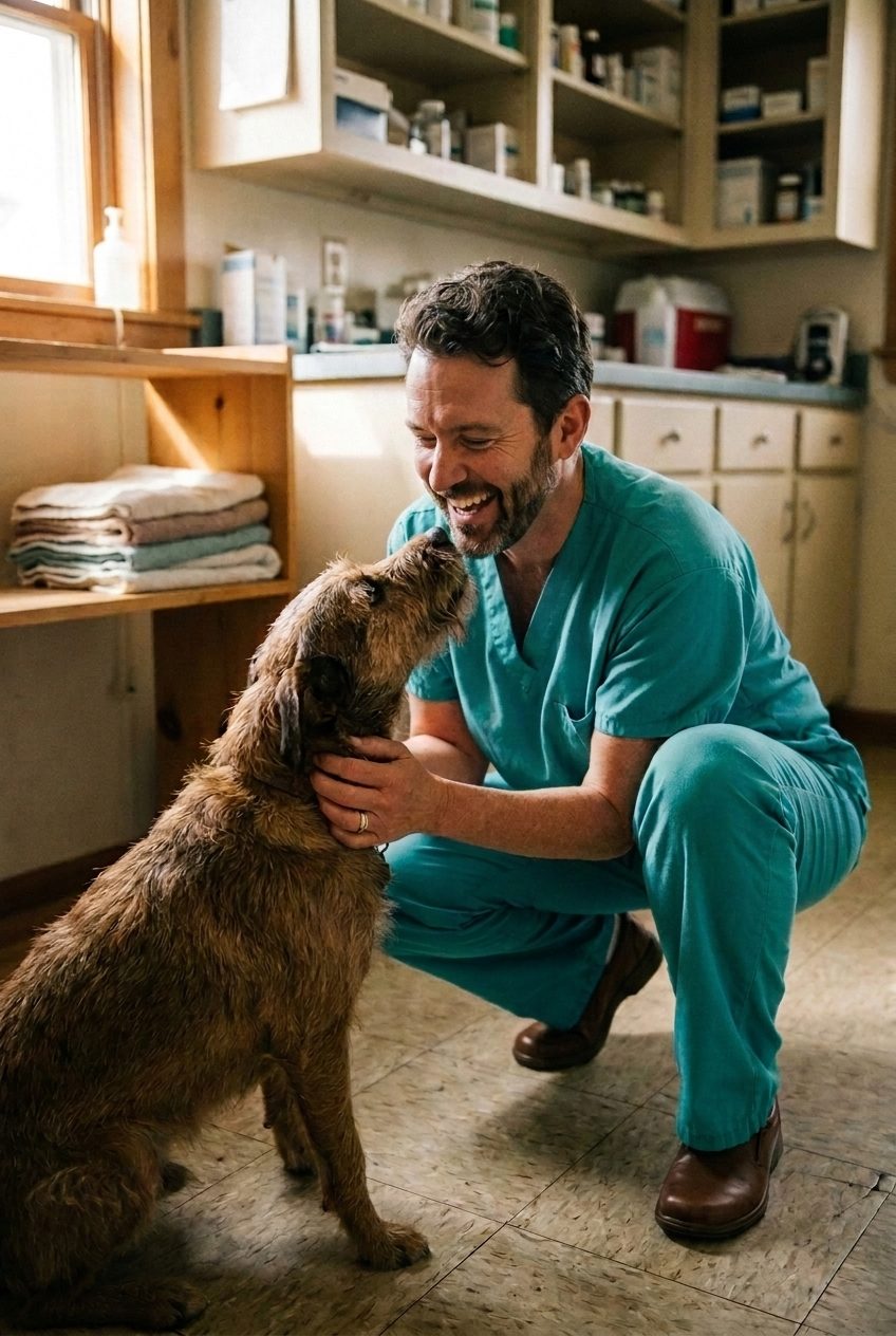 A veterinarian in teal scrubs crouched down on the clinic floor, laughing as a scruffy terrier leans in nose to nose with him.