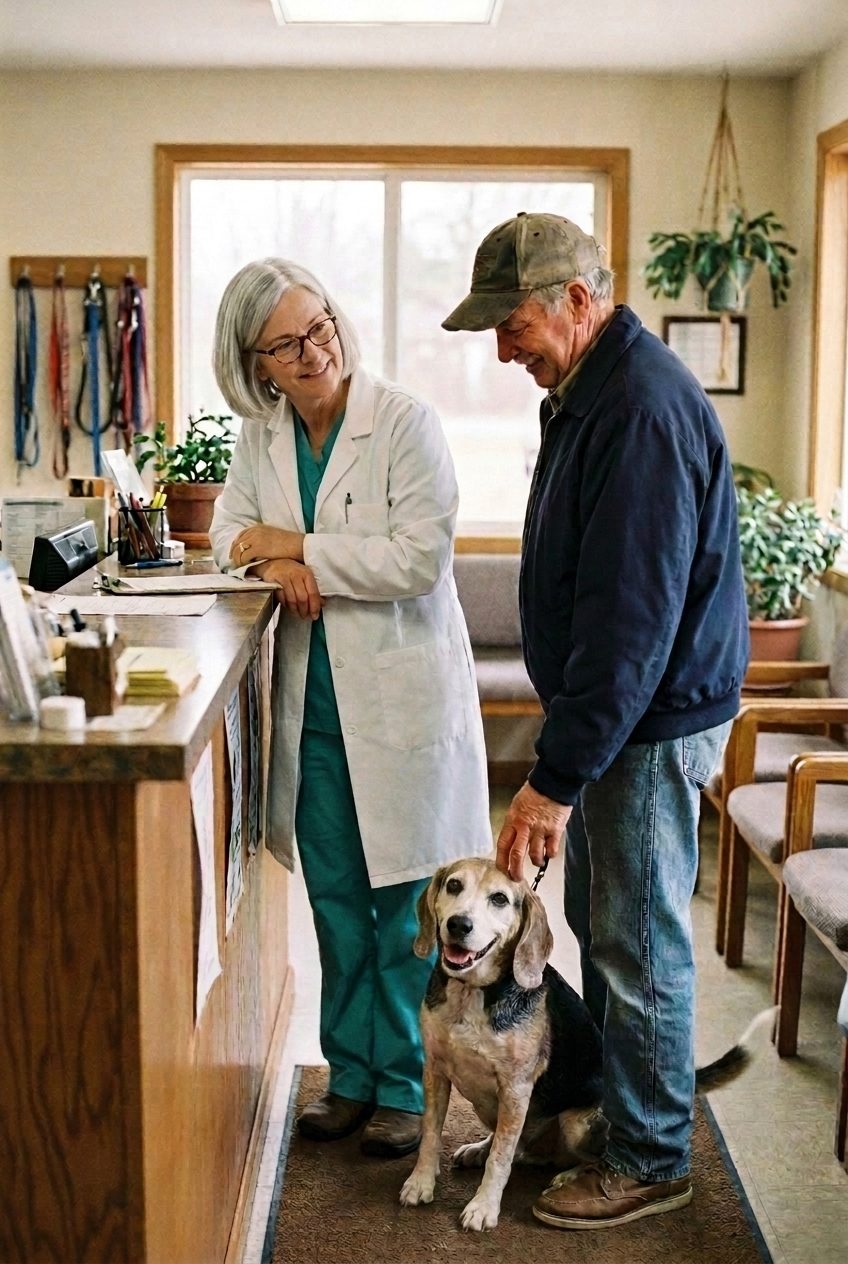 A veterinarian in a white coat and a longtime client in a cap and work jacket talking across the reception counter, his elderly beagle sitting patiently at his feet.