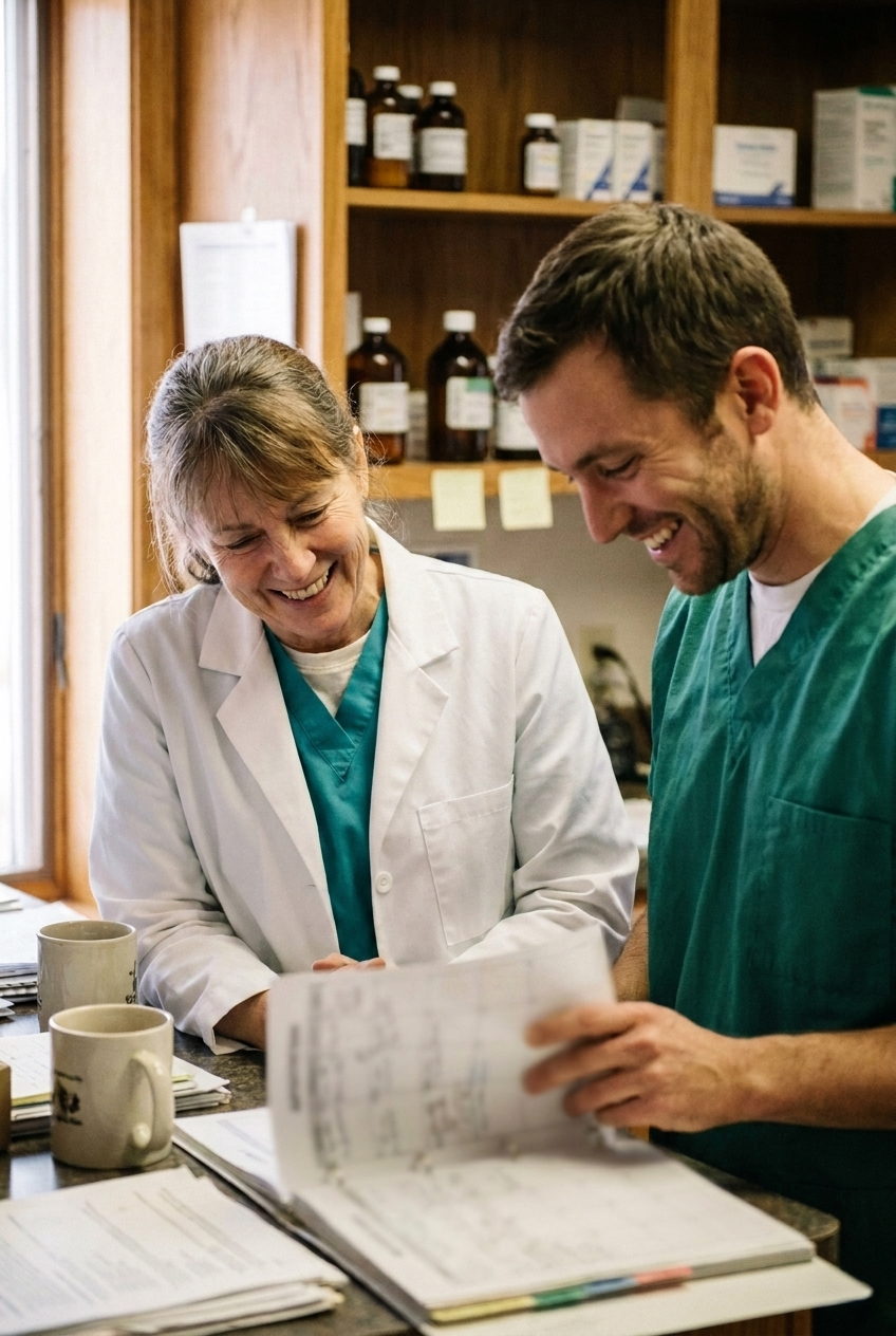A practice owner in a white coat and a colleague in green scrubs smiling over a paper patient record together at the pharmacy counter.