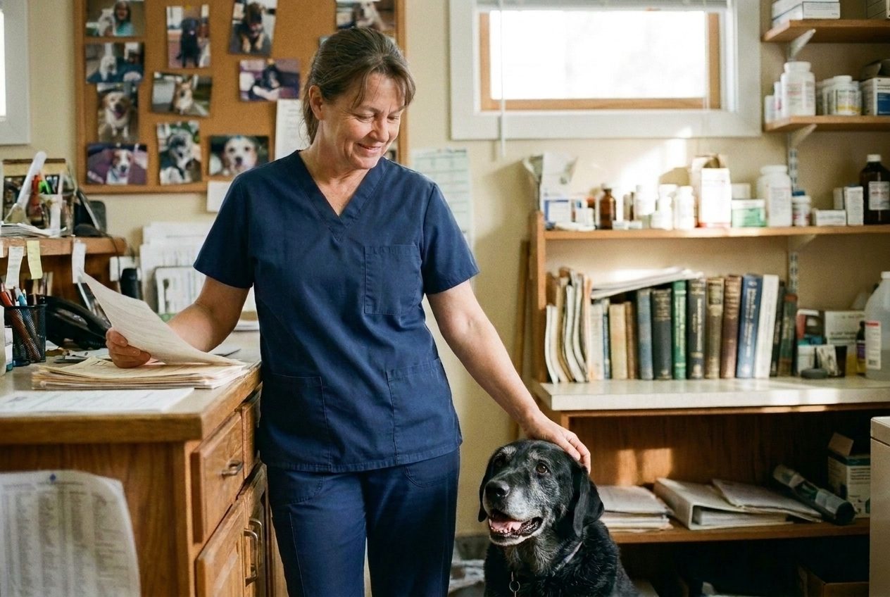 A veterinary practice owner standing at her office desk with printed records in one hand, her other hand resting on the head of an old black Labrador beside her.