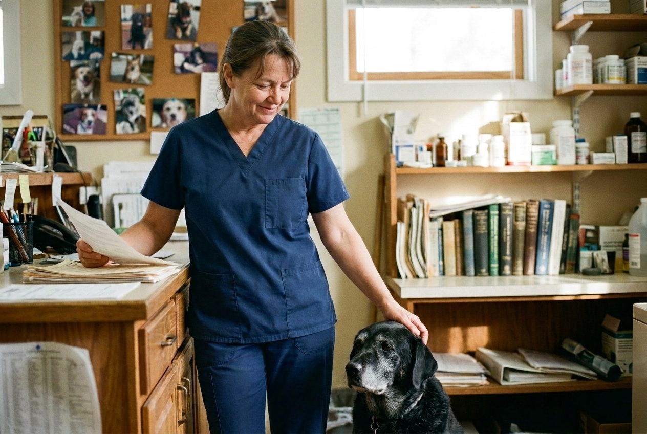 A veterinary practice owner standing at her office desk with printed records in one hand, her other hand resting on the head of an old black Labrador beside her.