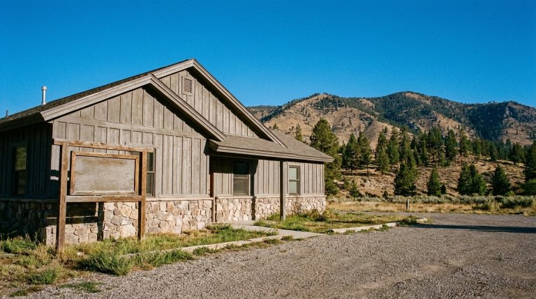 Timber-and-stone veterinary practice with a pine-covered mountain ridge behind it under a clear morning sky.
