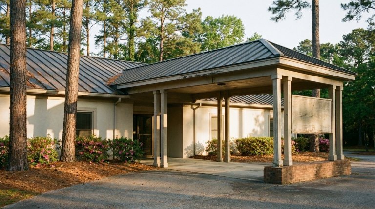 Suburban veterinary practice with a covered drive-under entry canopy, azalea beds and tall pines in warm early-morning light.