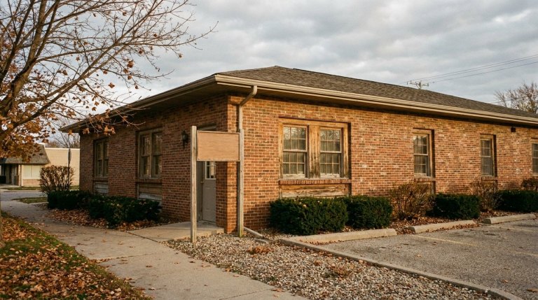 Brick single-storey veterinary practice on a quiet residential street on an autumn afternoon, with a blank unlettered sign panel by the entrance.