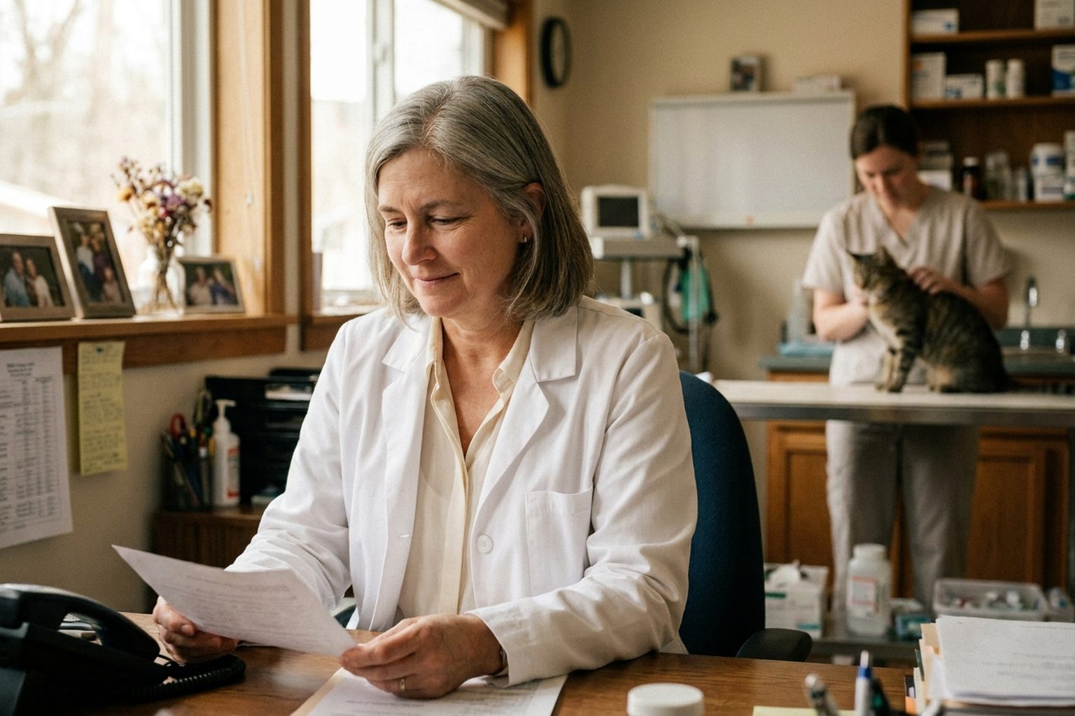 A veterinary practice owner at her desk reading a printed offer letter from a corporate buyer.
