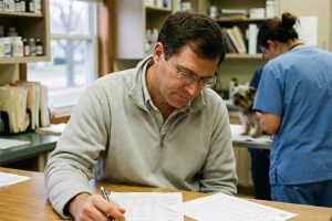 A veterinary practice owner comparing two printed offer summaries side by side at a worktable.
