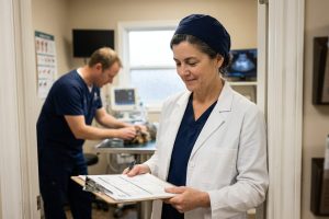 A specialist veterinarian in the doorway of her hospital's treatment area reviewing a printed case-mix summary.