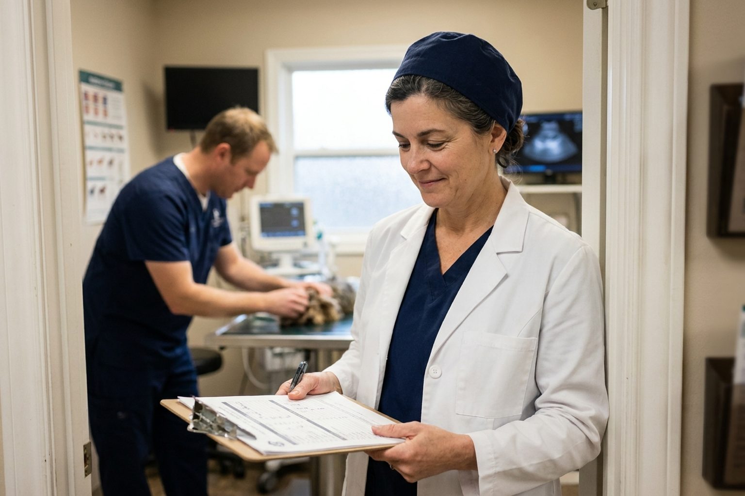 A specialist veterinarian in the doorway of her hospital's treatment area reviewing a printed case-mix summary.