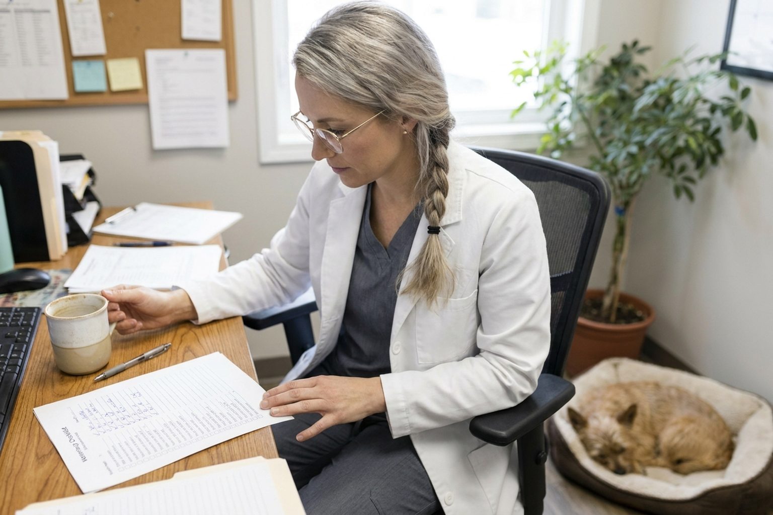 A veterinary practice owner at her office desk in morning light, working through a printed checklist to prepare her practice for sale, her terrier asleep at her feet.