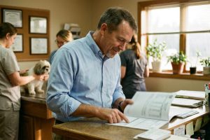 A veterinary practice owner at a worktable tracing a line down the summary page of a printed business valuation report.