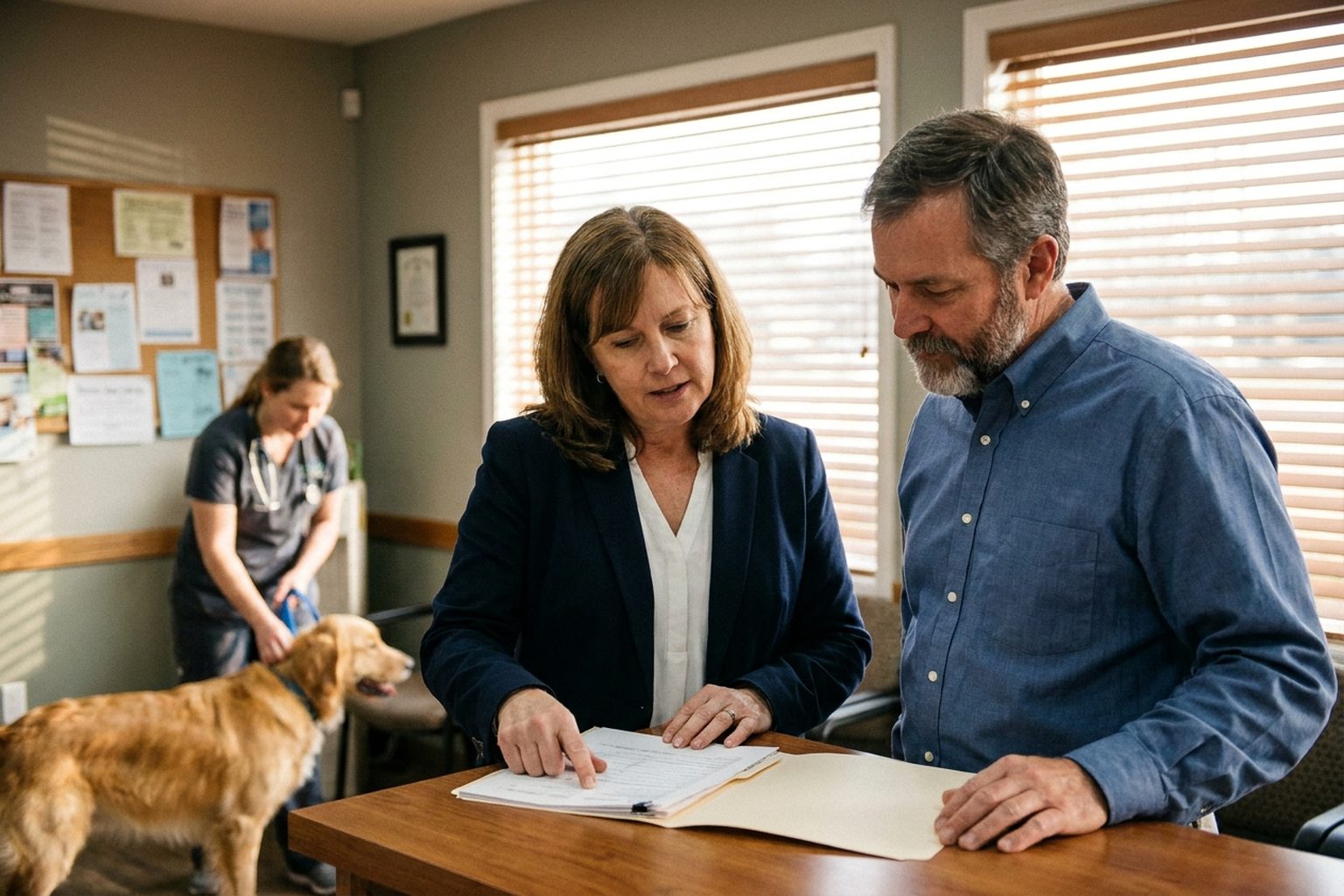Two veterinary practice owners at a worktable reviewing a printed acquisition summary and a stack of tabbed folders.