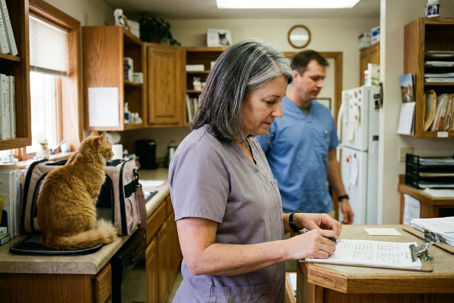 A veterinarian at her clinic workstation between appointments, glancing at her to-do list with a cat sitting alert in a carrier beside her.