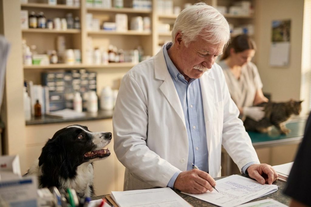 A veterinary practice owner reading a printed comparison of buyer types at his clinic counter, his border collie sitting happily beside him.