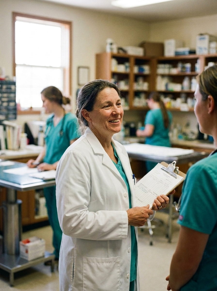 A practice owner in a white coat holding a clipboard in her busy treatment area, talking with a team member while the rest of her staff work behind her.