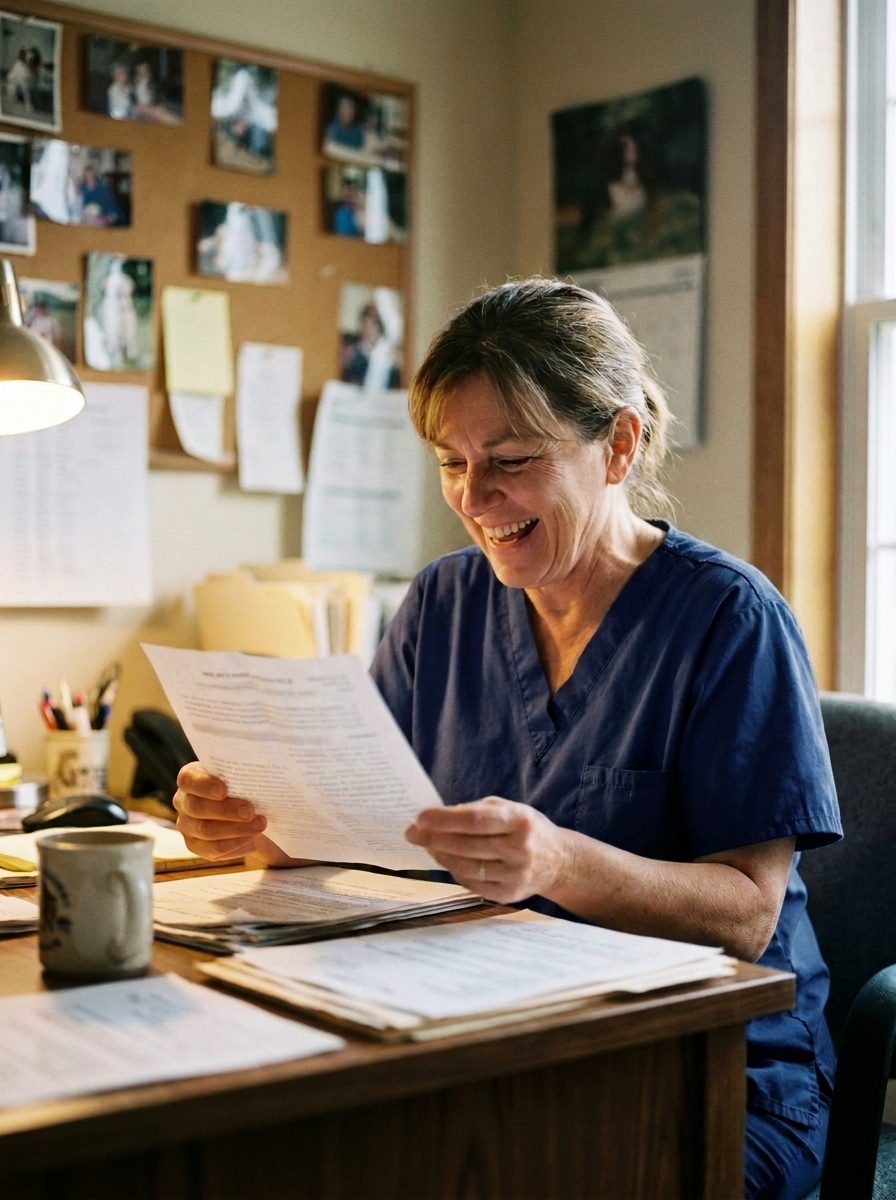 A veterinary practice owner laughing as she reads a letter at her desk, family and patient photos pinned to the corkboard behind her.
