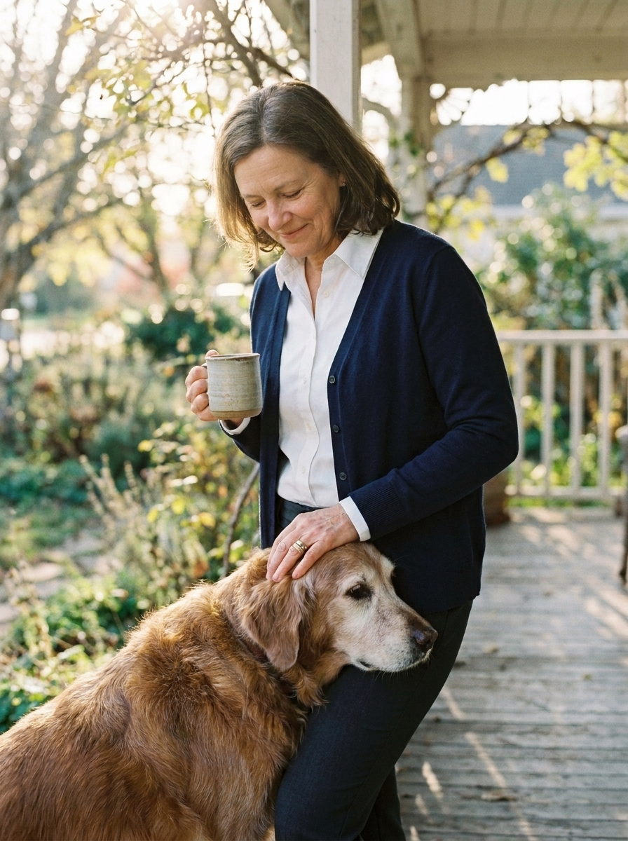 A veterinary practice owner on her front porch on an autumn morning with a mug of coffee, resting a hand on her old golden retriever.