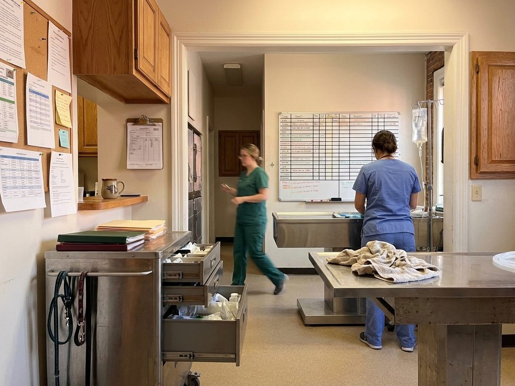 The busy central treatment area of a larger multi-doctor East Coast veterinary hospital, with equipment and supplies mid-shift.