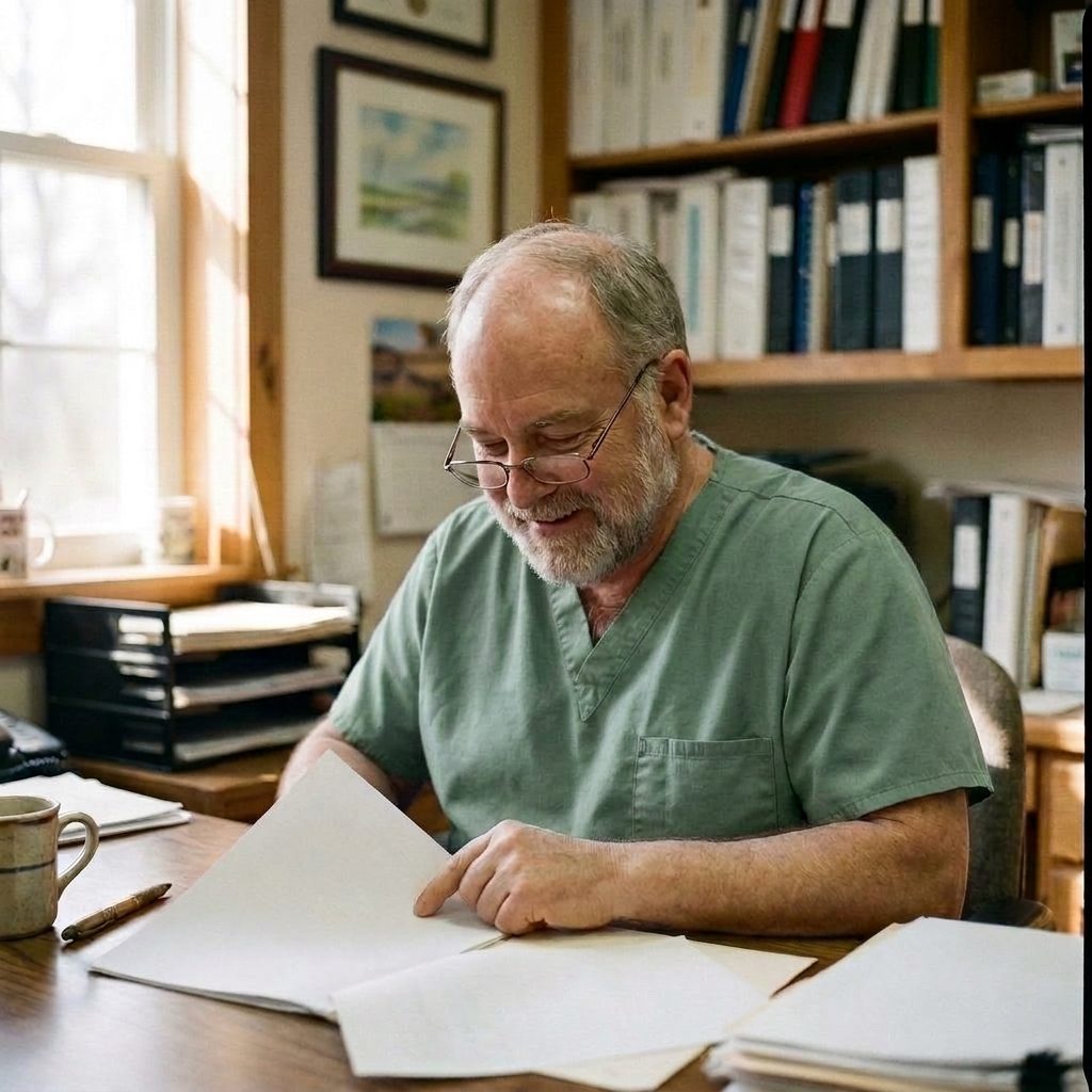 A veterinary practice owner in sage-green scrubs reading a report at his office desk in morning light, binders and framed prints on the shelves and wall behind him.