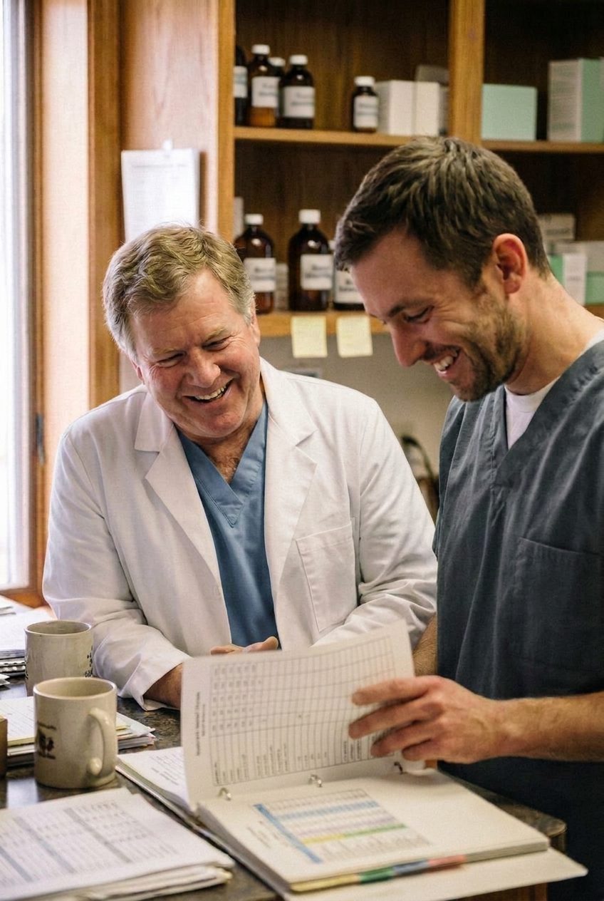 Two veterinarians laughing together over an open book at the pharmacy counter of an independent small-animal practice.