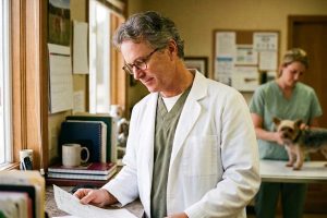 A veterinary practice owner standing at his office window in afternoon light, reading a printed summary of his sale process.