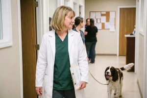 A veterinarian walking her clinic corridor with a folder of transfer paperwork, a happy spaniel trotting beside her.