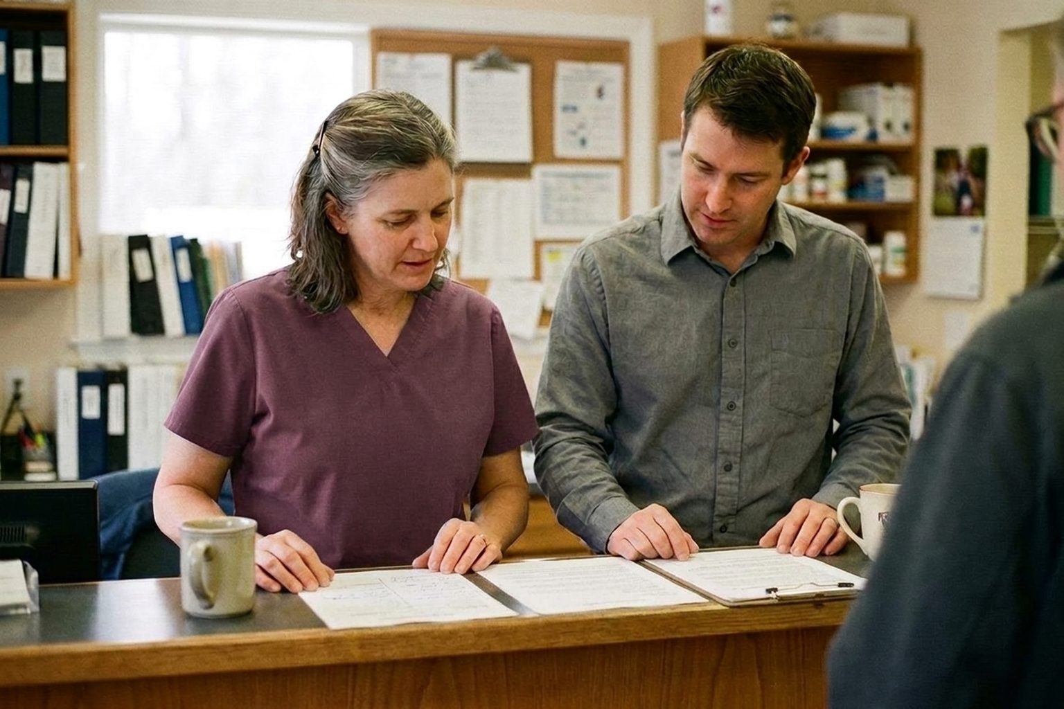 A veterinary practice owner and her advisor laying out the printed stages of a practice sale across her desk.