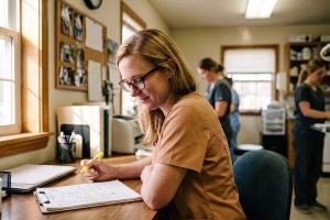A veterinarian at her desk reading a printed valuation report with a highlighter, a board of client pet photos behind her.