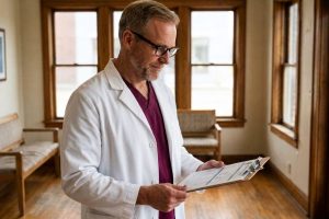A veterinarian in a white coat over burgundy scrubs reading a clipboard in the waiting area of an older independent small-animal practice.