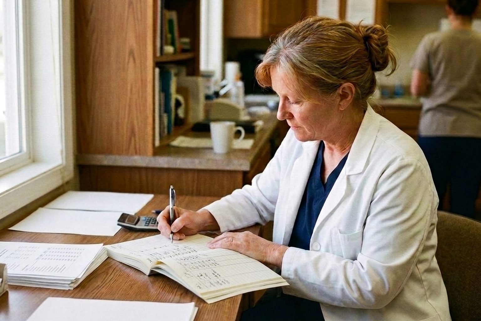 A veterinary practice owner in a white coat working through her practice books at a desk by the window in morning light.