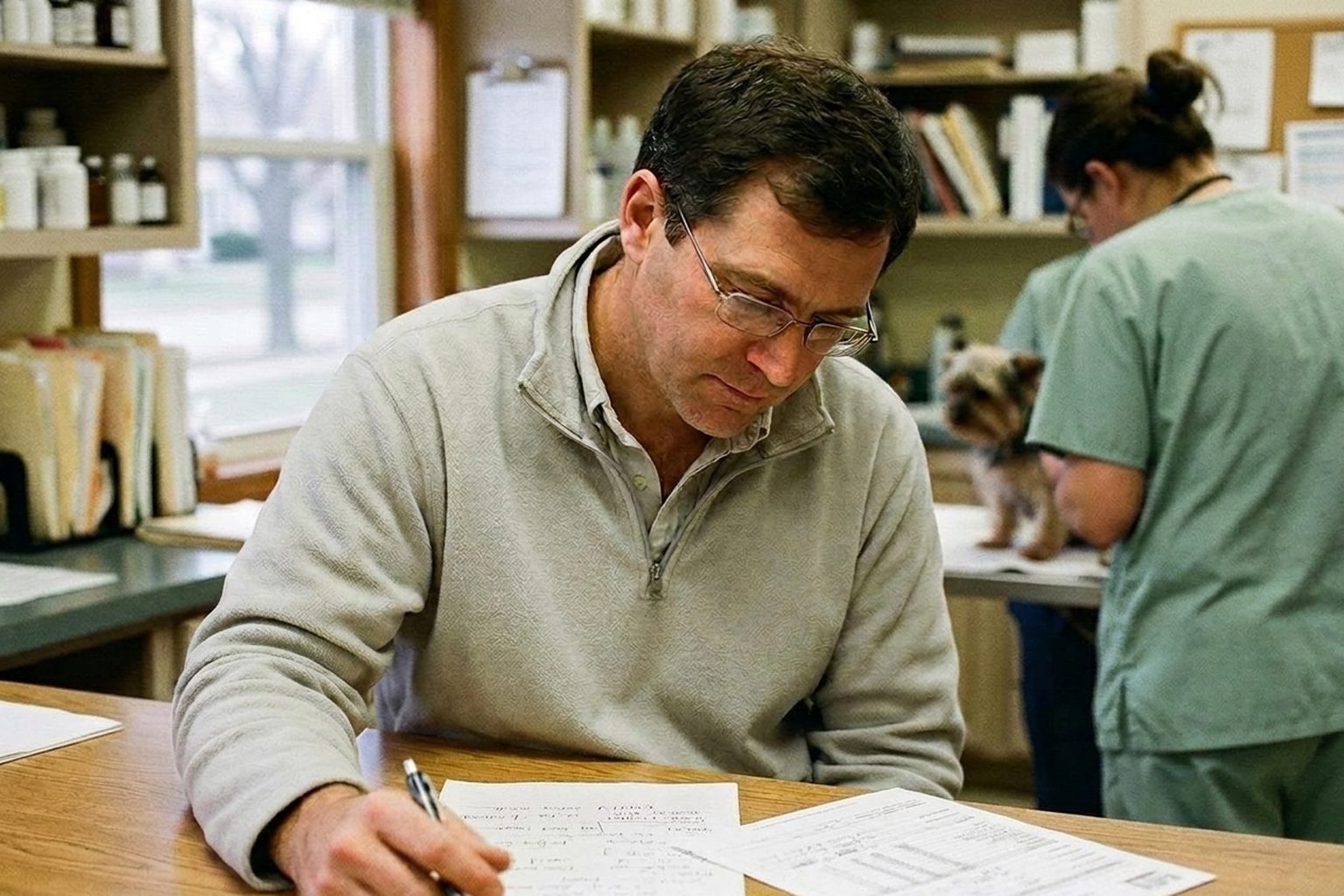 A veterinary practice owner comparing two printed offer summaries side by side at a worktable.