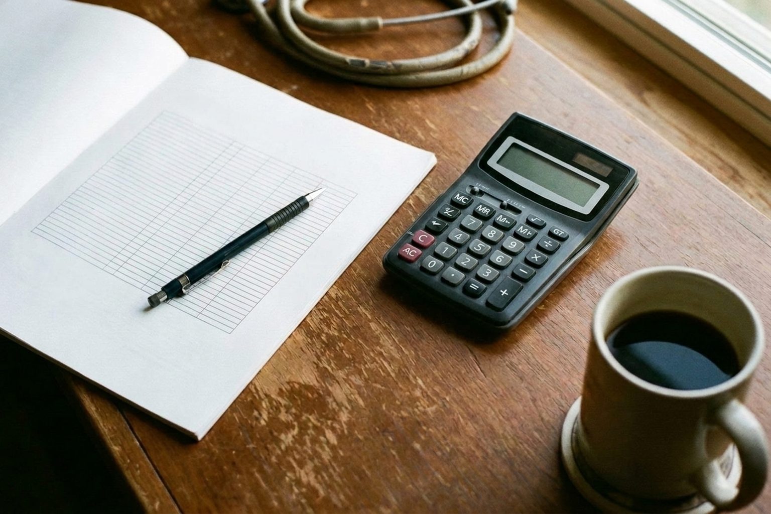 A printed EBITDA worksheet on a veterinary practice desk with a calculator, pencil and stethoscope.