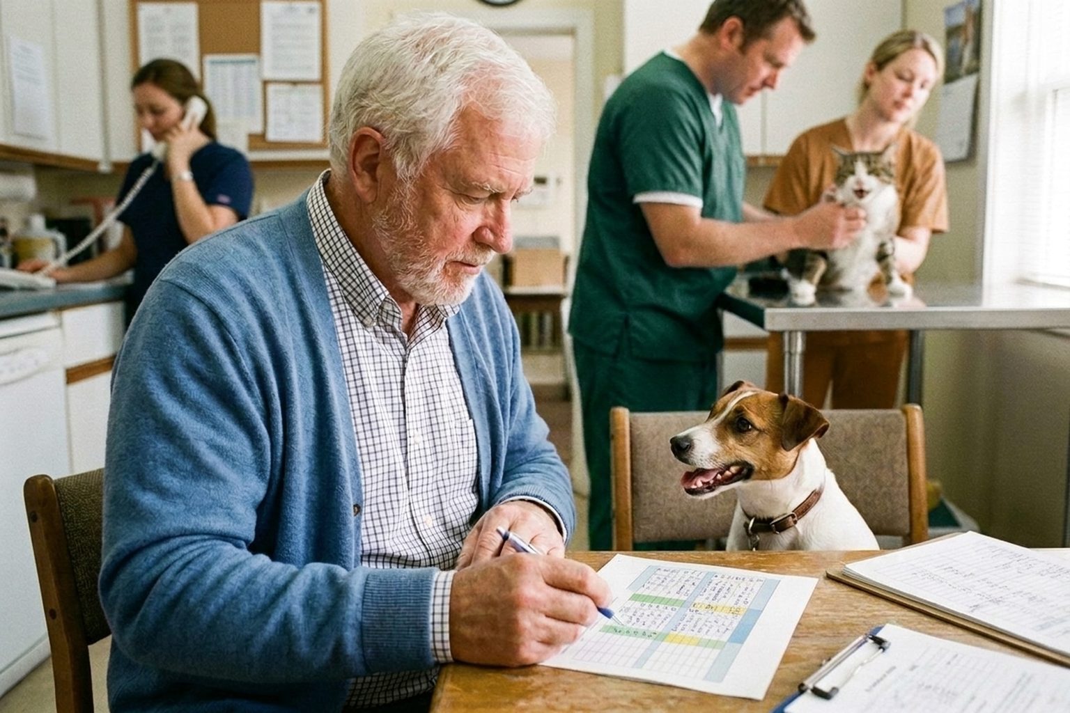 A retiring veterinary practice owner at his kitchen table reading a printed retirement cash-flow projection, his terrier beside him.