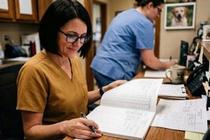 A practice owner in caramel scrubs working through an open ledger at the reception counter while a colleague writes alongside her.