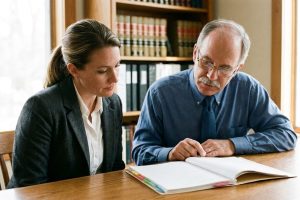 A veterinary practice owner and her attorney reviewing a printed purchase agreement together at a worktable.