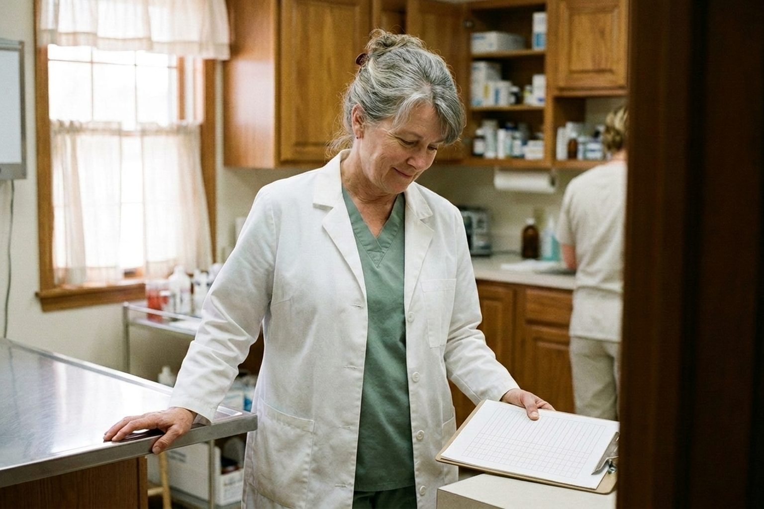 A veterinary practice owner in a spotless exam room checking off a printed room-by-room readiness list.