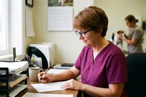 A veterinary practice owner working down a printed due-diligence checklist at her desk, ticking off completed items.