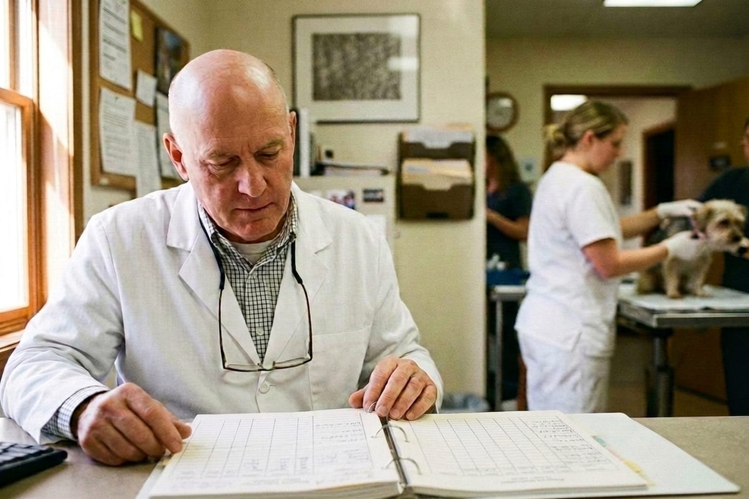 A veterinarian in a white coat turning the pages of an open ring binder at the reception counter of a busy independent practice.