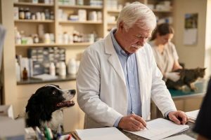 A veterinary practice owner reading a printed comparison of buyer types at his clinic counter, his border collie sitting happily beside him.
