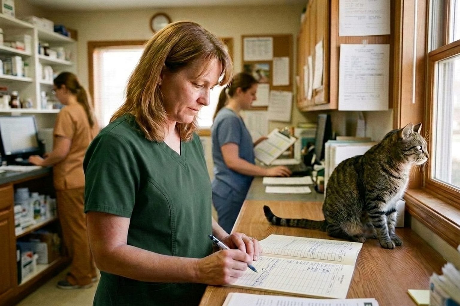 A veterinarian in hunter-green scrubs writing up records at the practice counter, a tabby cat sitting in the window beside her and two colleagues working behind.