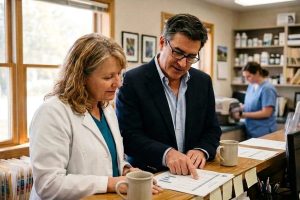 A veterinarian in a white coat and a practice advisor going over a document together at the reception counter of an independent small-animal practice.