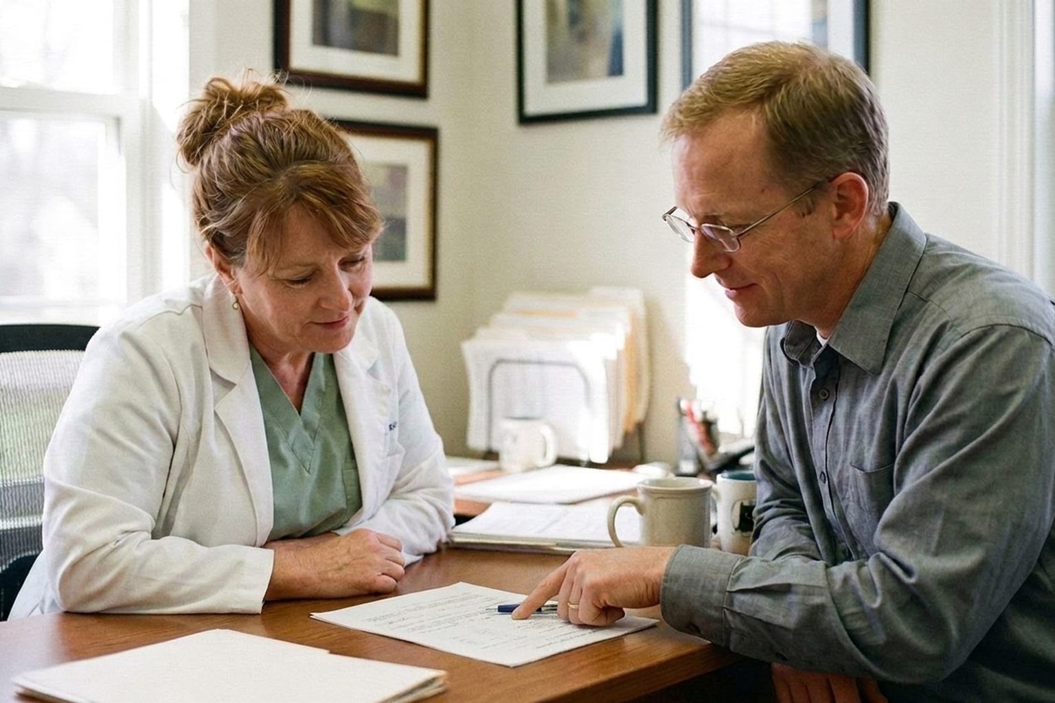 A veterinary practice owner and her sell-side advisor at her desk, reviewing a printed plan for reaching buyers.