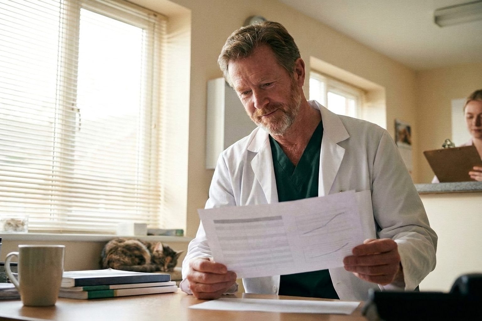 A veterinary practice owner at his office window reading a printed summary of current market conditions.