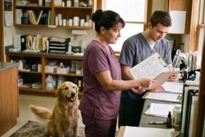 A veterinarian in plum scrubs and a younger colleague in grey scrubs going over a clipboard together at the treatment-room counter, a golden retriever sitting at their feet.
