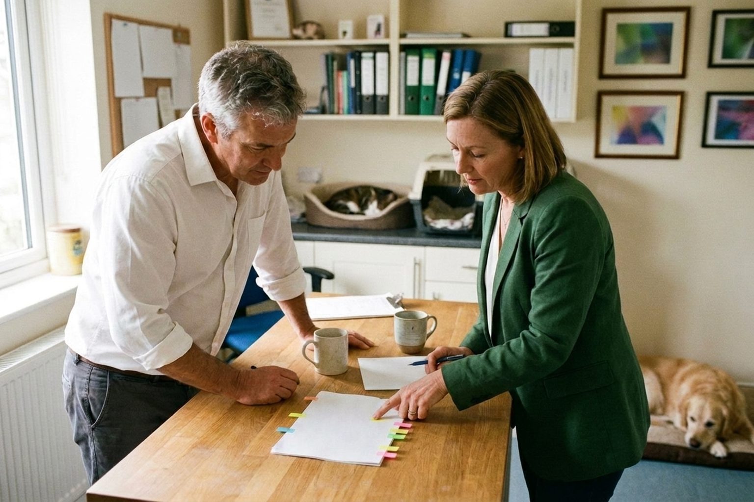 A veterinary practice owner and his advisor leaning over a marked-up term sheet, working through the deal terms together.