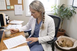 A veterinary practice owner at her office desk in morning light, working through a printed checklist to prepare her practice for sale, her terrier asleep at her feet.