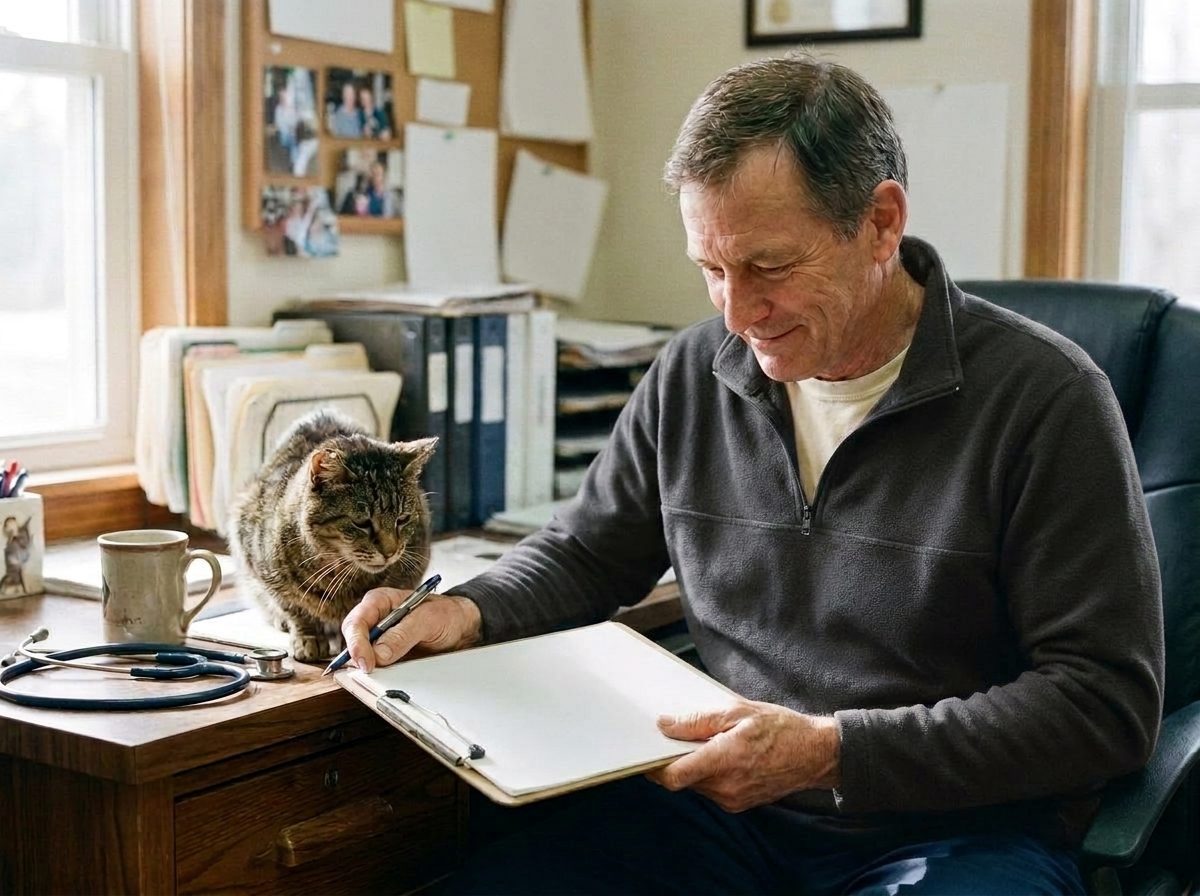 A veterinary practice owner in a charcoal-grey quarter-zip writing on a clipboard at his office desk, the clinic cat sitting beside his coffee mug and stethoscope.